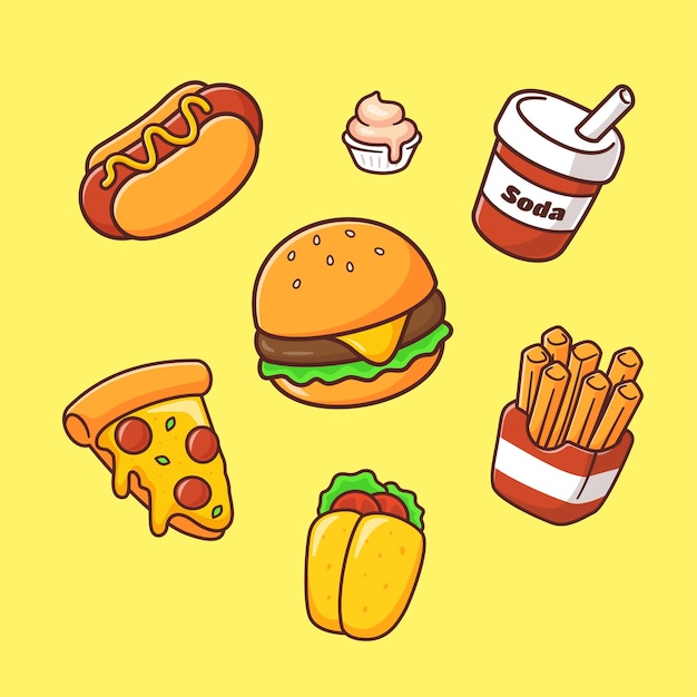 Cute fast food and dessert cartoon vector icon ilustração fast food icon isolado vector plano