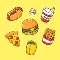 Vetor grátis cute fast food and dessert cartoon vector icon ilustração fast food icon isolado vector plano