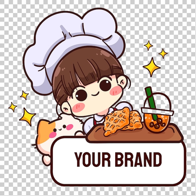 Vetor grátis cute girl chef com gato e croffle logotipo de comida doce bandeira ilustração vetorial de desenho de desenho animado