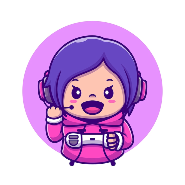 Vetor grátis cute girl gaming holding joystick cartoon icon ilustração. conceito de ícone de tecnologia de pessoas isolado. estilo flat cartoon