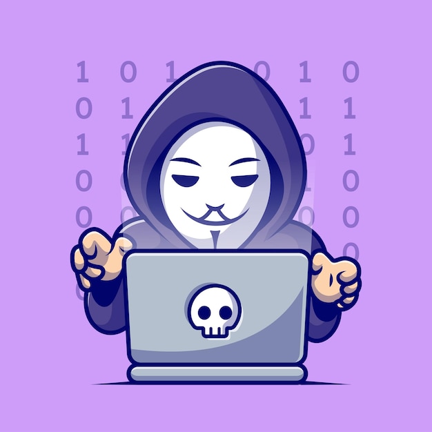 Vetor grátis cute hacker operando laptop cartoon icon ilustração vetorial. ícone de tecnologia de pessoas isolado plano