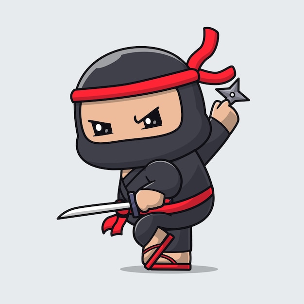 Cute ninja com shuriken e espada cartoon vector icon ilustração pessoas férias isoladas planas