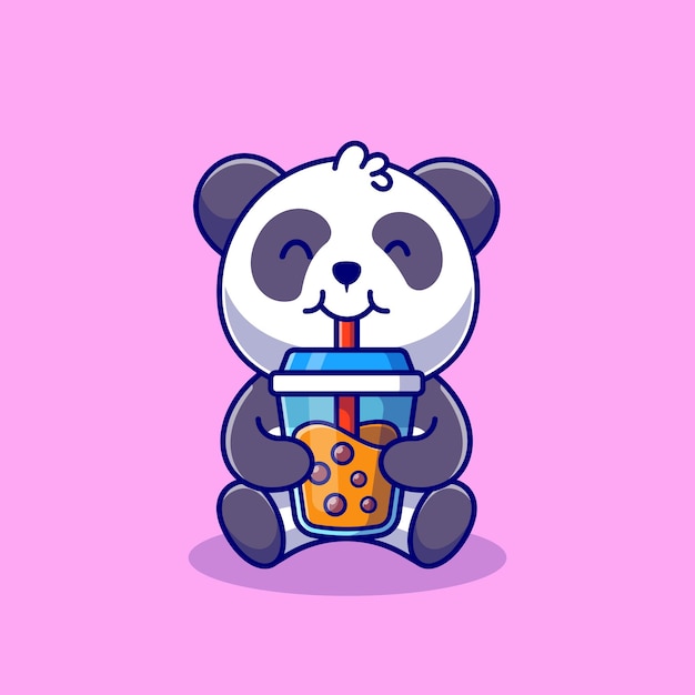Cute Panda Beber Boba Milk Tea Ícone dos desenhos animados Ilustração Animal Food Icon Concept isolado. Estilo Flat Cartoon