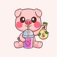 Vetor grátis cute pig drinking boba milk tea with money bag cartoon vector icon ilustração animal drink flat