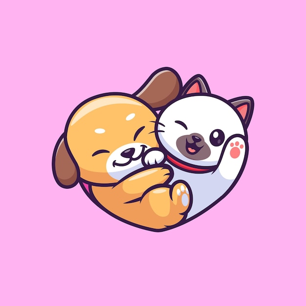 Cute Pug Dog And Cat With Love Shape Cartoon Vector Icon Ilustração Animal Nature Isolado Plano