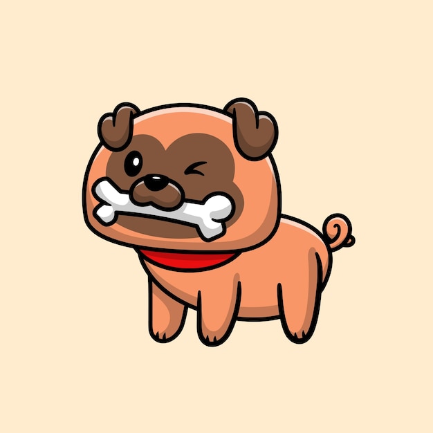 Vetor grátis cute pug dog eat bone, personagem de desenho animado