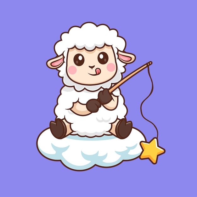 Cute sheep fishing star on cloud vector de desenho animado icon ilustração animal natureza vector plano isolado