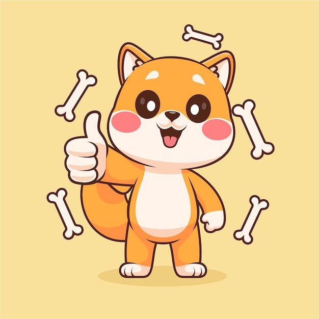 Vetor grátis cute shiba inu dog thumbs up with bone cartoon vector icon ilustração natureza animal isolado plano