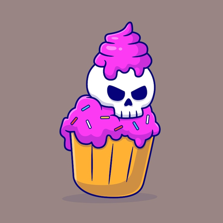 Vetor grátis cute skull in cupcake ícone vetorial de desenho animado ilustração ícone de férias de comida vector plano isolado