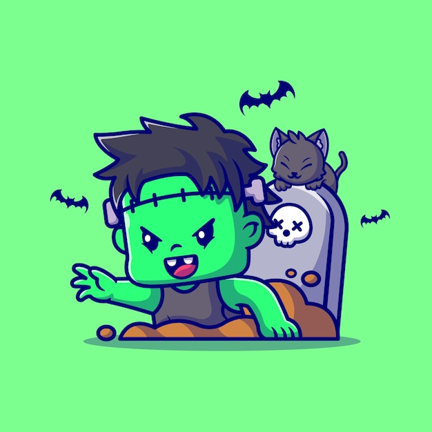 Vetor grátis cute zombie frankenstein da sepultura ilustração dos desenhos animados. conceito de halloween de pessoas isolado. estilo flat cartoon