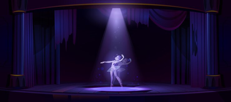 Vetor grátis dança da bailarina fantasma no antigo palco do teatro à noite. ilustração dos desenhos animados do espírito da mulher morta em um teatro de ópera escuro e abandonado com holofote
