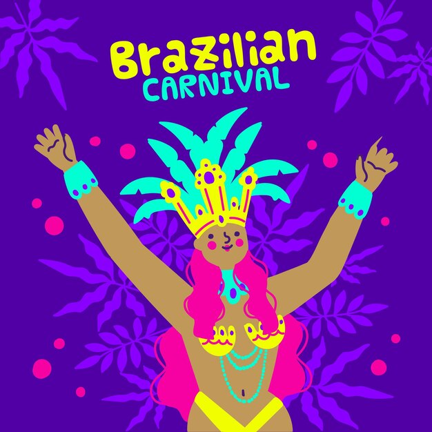 Dançarina de carnaval brasileira desenhada à mão fantasiada