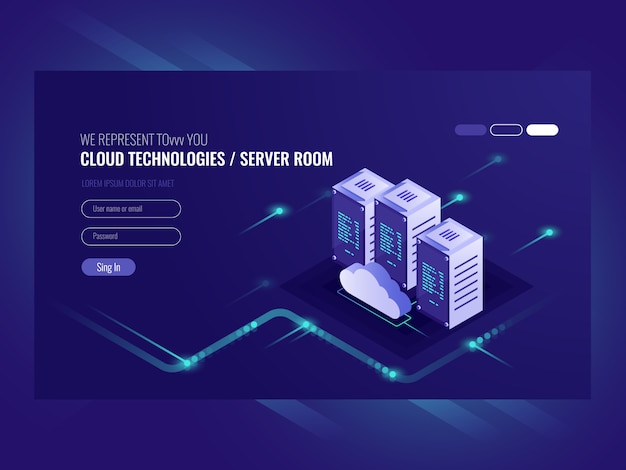 Data center em nuvem, ícone da sala do servidor, processamento de solicitação de informações