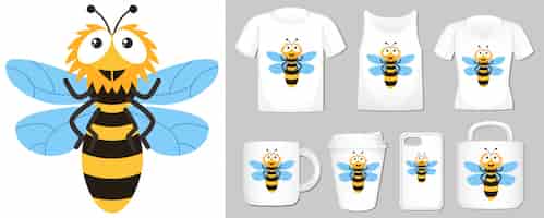 Vetor grátis de abelha feliz em diferentes tipos de modelo de produto