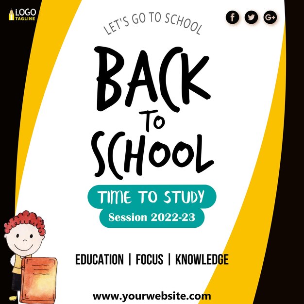 De volta à escola padrão branco amarelo fundo preto banner de design de mídia social