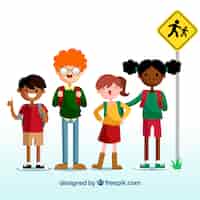 Vetor grátis de volta ao design da escola com crianças à espera de ônibus escolar