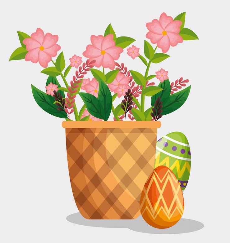 Vetor grátis decoração de ovos de páscoa com flores dentro da cesta