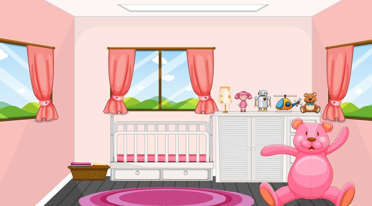 Vetor grátis decoração de quarto rosa com móveis para crianças