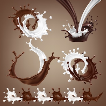 Defina ilustrações vetoriais em 3d, salpicos e gotas de chocolate escuro derretido, fluxo de café quente e leite misturado