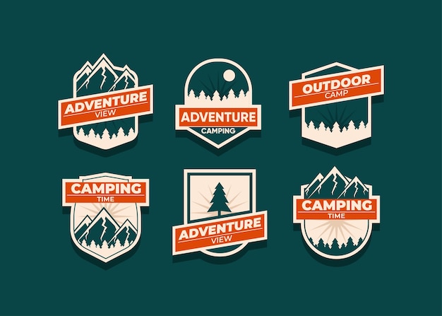 Defina o logotipo e os emblemas da montanha. Um logotipo versátil para o seu negócio. ilustração no escuro