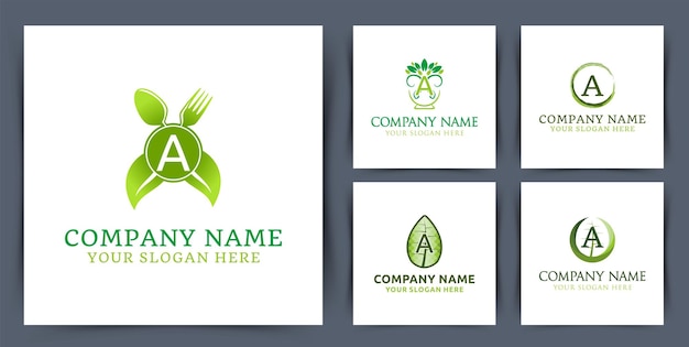 Definir a letra inicial da coleção um logotipo de monograma com ilustração vetorial de design de logotipo de semente de tigela de folha