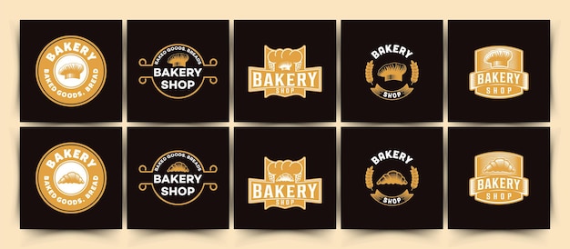 Definir croissants de logotipo de padaria vintage e ilustração vetorial de chapéu de chef