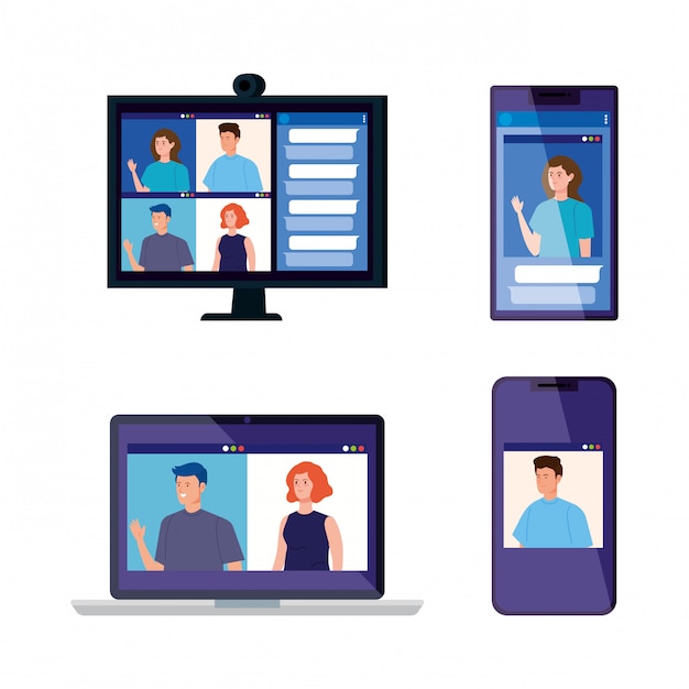 Vetor grátis definir dispositivos eletrônicos com pessoas em videoconferência