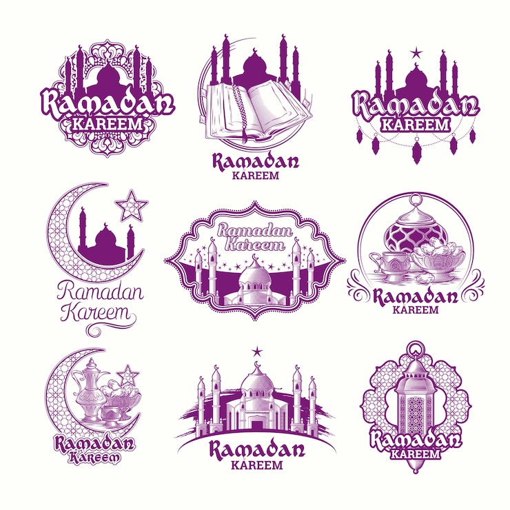 Vetor grátis definir vetores ilustrações roxas, assinar ramadan kareem com lanterna, torres da mesquita, crescente