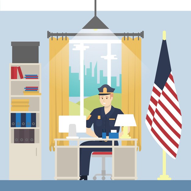 Vetor grátis delegacia de polícia policial de uniforme senta-se no gabinete com bandeira americana