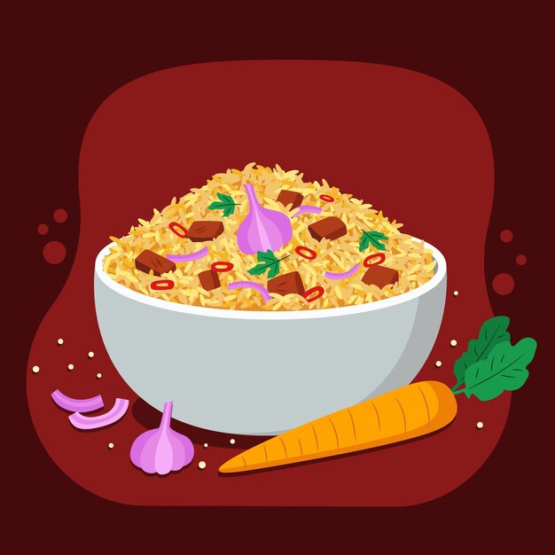 Delicioso pilaf e cenoura desenhados à mão