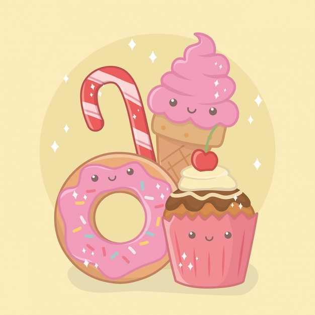 Deliciosos e doces donuts e produtos kawaii