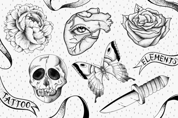 Delinear um conjunto de design de tatuagem vintage da velha escola