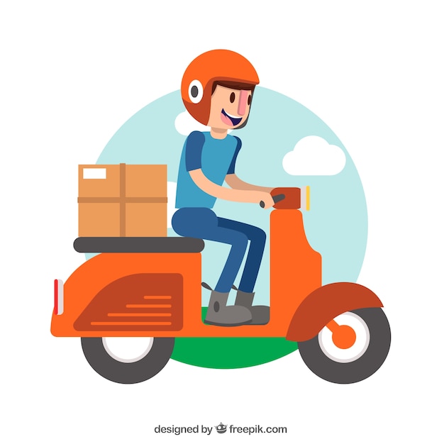 Deliveryman rindo e dirigindo scooter