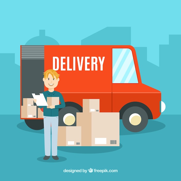 Vetor grátis deliveryman smiley com caminhão e caixas