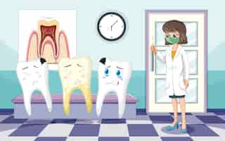 Vetor grátis dentista e condição diferente dos dentes na clínica
