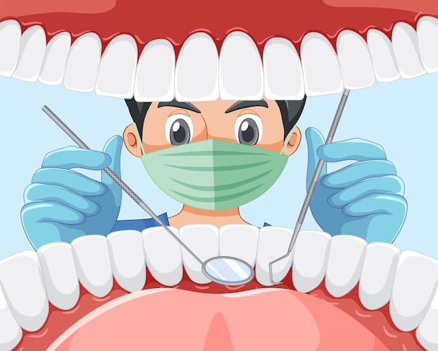 Dentista segurando instrumentos examinando os dentes do paciente dentro do ser humano