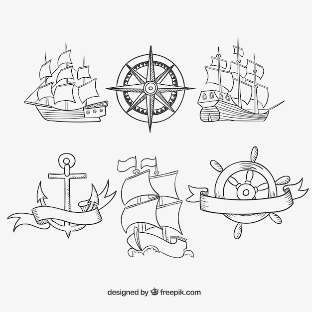 Vetor grátis desenhadas mão navios antigos