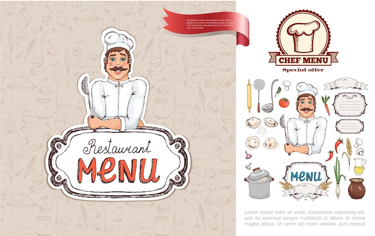 Vetor grátis desenhado à mão conceito de restaurante de cozinha russa com chef segurando coador de vegetais utensílios de cozinha suco de cogumelos tigela de sopa de bolinhos de ilustração
