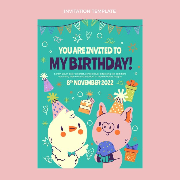 Desenhado à mão convite infantil de aniversário