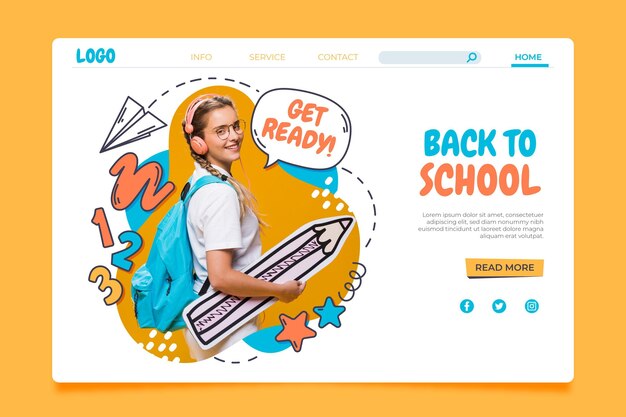 Desenhado à mão de volta ao modelo de página de destino da escola com foto
