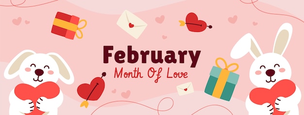Vetor grátis desenhado à mão, fevereiro, mês de amor, modelo de capa de mídia social
