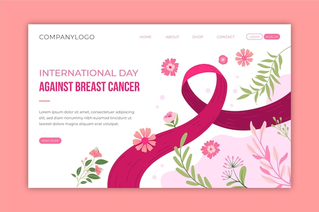 Desenhado à mão modelo de página de destino plana internacional contra câncer de mama