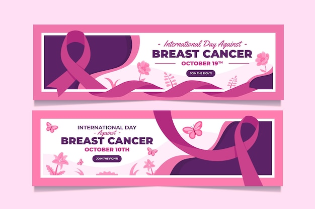 Vetor grátis desenhado à mão plana internacional dia contra o conjunto de banners de câncer de mama