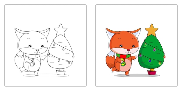 Desenhar à mão raposa com árvore de natal para colorir de vetor premium