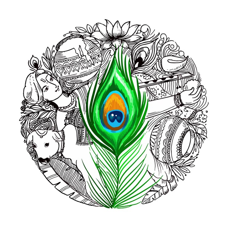 Vetor grátis desenhar à mão um lindo fundo de cartão decorativo krishna janmashtami