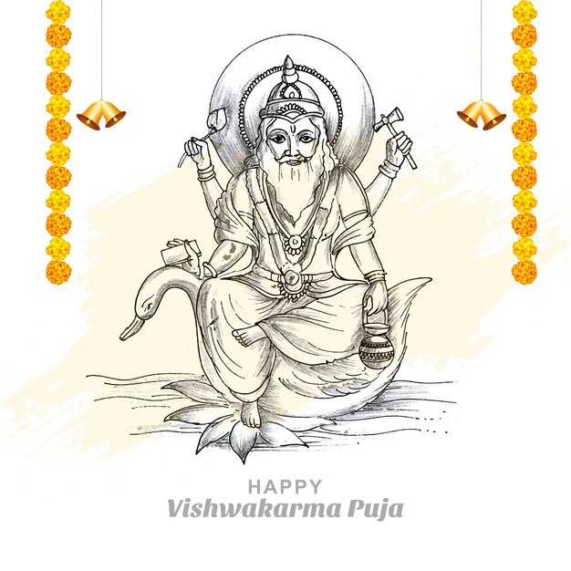 Desenho a mão do deus hindu Vishwakarma esboço e Vishwakarma puja fundo de férias