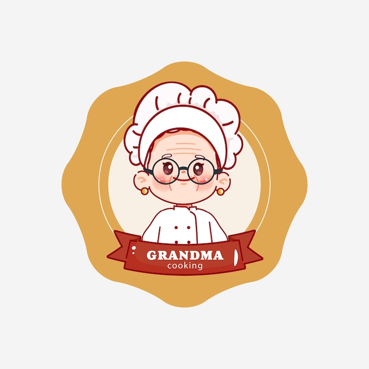 Vetor grátis desenho animado bonito vovó cozinheira para logotipo desenho animado de comida de rua design de logotipo vetor premium