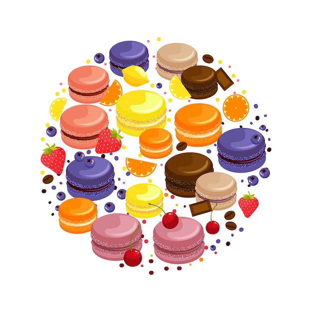 Desenho animado colorido saboroso macaroons redondo com ilustração de frutas, chocolate e grãos de café isolados