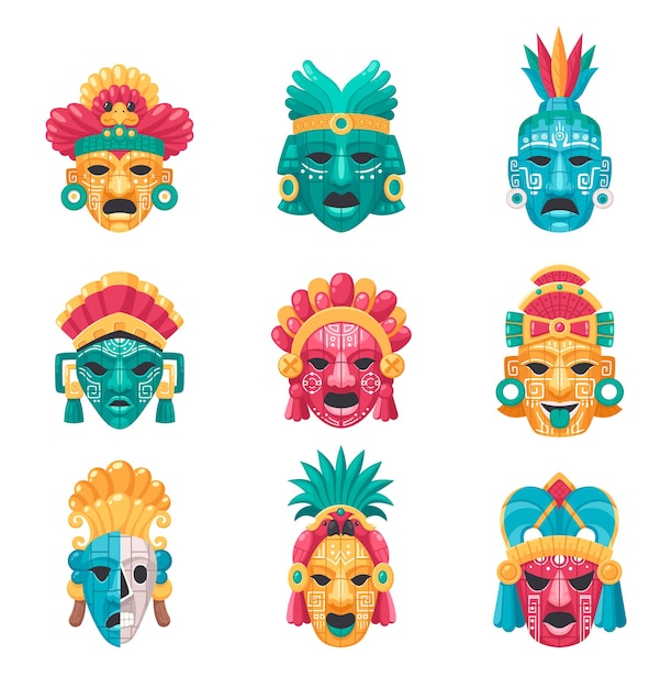 Desenho animado da civilização maia com máscaras tradicionais e acessórios isolados
