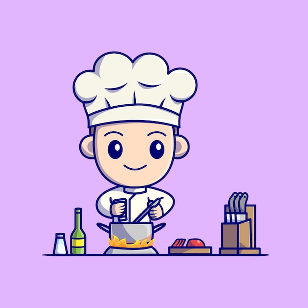 Vetor grátis desenho animado de menino fofo chef cozinhando na cozinha